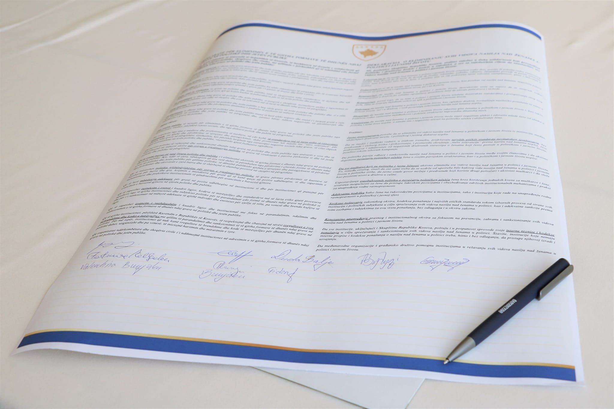 The declaration on combating violence against women in politics and public life signed by Women MPs of the Kosovo parliament on November 19, 2024 in Prishtina. Photo: Kosovo Assembly